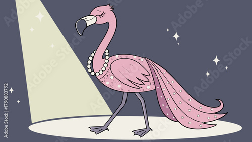2D Flamingo Model Wearing Sparkling Dress on Stage 