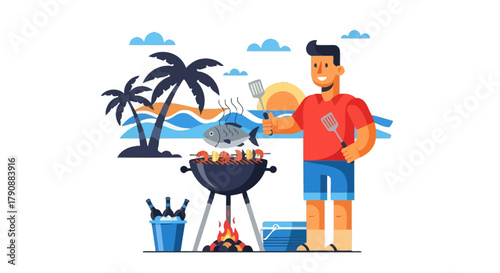Barbecue Fun At The Beach With Sun, Fire, Grill, Palm Trees and Summer Vibes