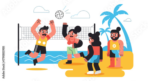 Beach Volleyball Fun: A Colorful Illustration of People Engaging in Sport
