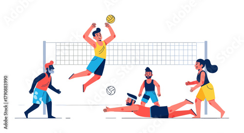 Beach Volleyball Game Energetic People Playing Under The Bright Summer Sun