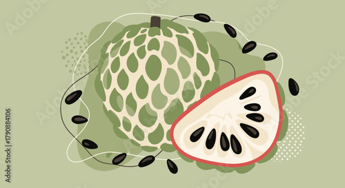 Artistic Illustration of Custard Apple Fruit Botanical Design on Abstract Green Background