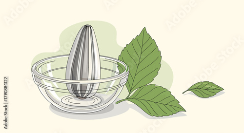 Artistic Illustration of a Juice Squeezer with Green Leaves and Transparent Glass Bowl
