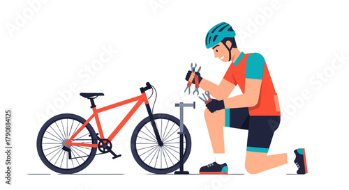 Bicycle Mechanic Working On A Mountain Bike With His Set Of Tools For Maintenance