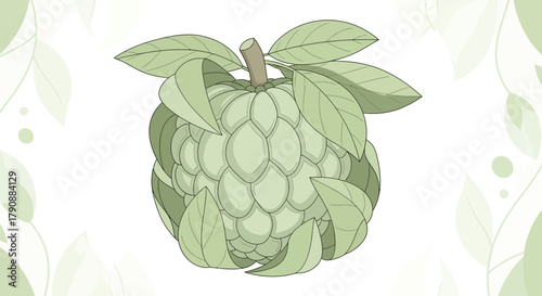 Artistic Illustration of a Green Custard Apple Surrounded by Leaves and Elegant Design