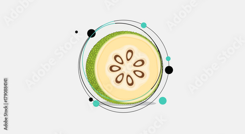 Artistic Illustration of Jackfruit Slice with Geometric Orbital Designs