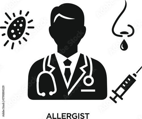 Black and white icon of an allergist doctor with stethoscope and allergy symbols medical healthcare