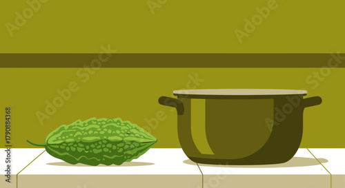 Bitter Gourd And Cooking Pot Abstract Illustration For Culinary And Healthy Lifestyle