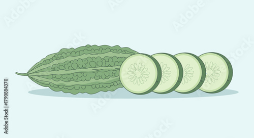 Bitter Gourd and Cucumber Slices Illustration Against a Light Blue Background