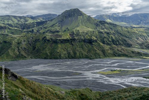 The lush valley of Þórsmörk (Thorsmork) in Iceland’s southern highlands — a dramatic landscape of moss-covered mountains, glacial rivers
