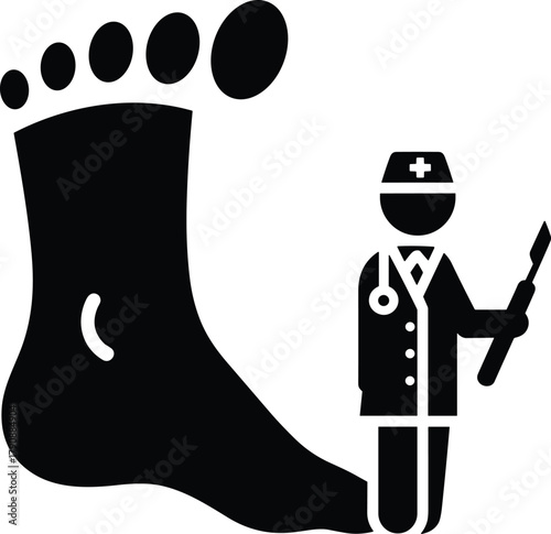 Black icon of a podiatrist with scalpel next to a large foot doctor medical professional