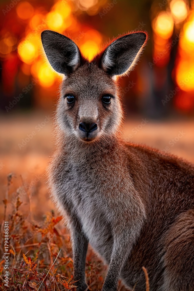 Fototapeta premium Lone kangaroo gazes at sunset in golden grass landscape