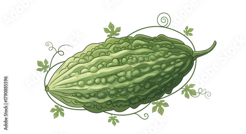 Bitter Gourd in Artistic Style, With Leaves and a Decorative Vine, On White Background