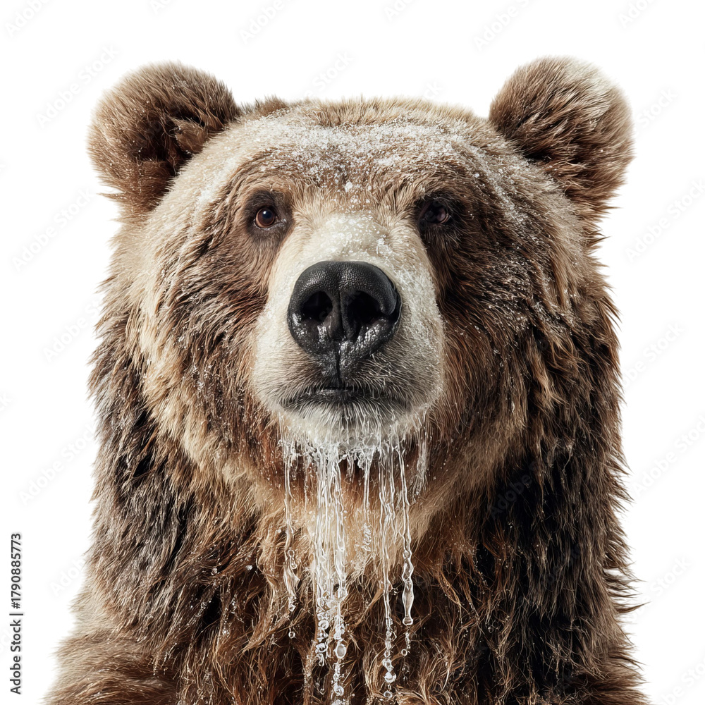 Obraz premium Png of frontal portrait of a brown bear with water dripping from its fur, isolated on transparent background