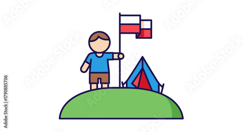 Camping Adventure: Illustrative Depiction Of A Hiker With Tent And Polish Flag Cartoon