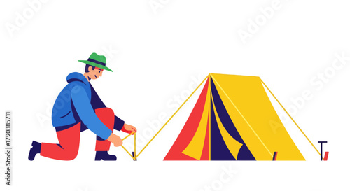 Camping Adventure: Illustration Of A Person Setting Up A Tent In The Outdoors