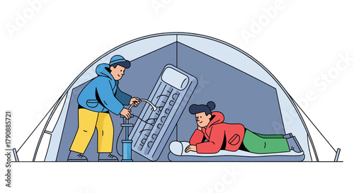 Camping Adventure Illustration Featuring Two People In A Tent With An Air Mattress