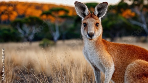 Lone kangaroo stands in golden grass during sunset in a serene landscape
