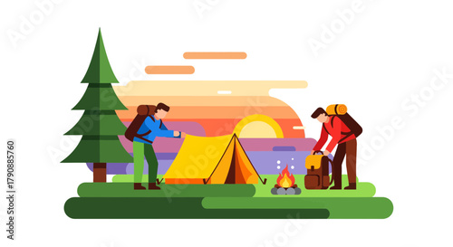 Camping Adventure: Illustrative Sunset Scene With Backpackers and a Campsite