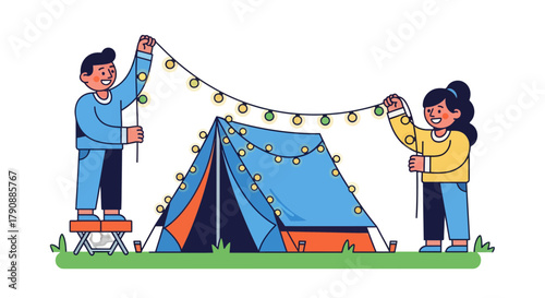 Camping Adventure: Illustrative Scene of Two Individuals Setting Up a Lit Tent