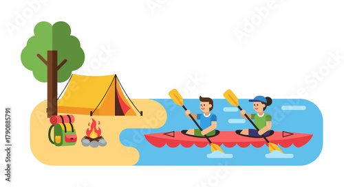 Camping Adventure: Kayaking Expedition and Fireside Relaxation Under a Clear Sky