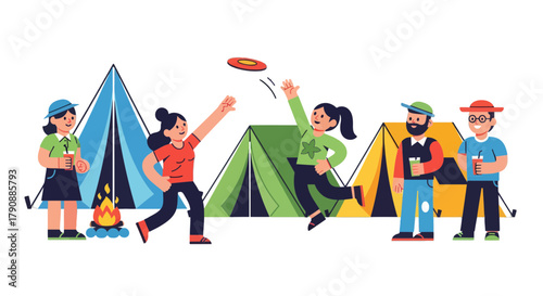 Camping Adventure: Joyful Friends Playing Frisbee and Celebrating in the Outdoors