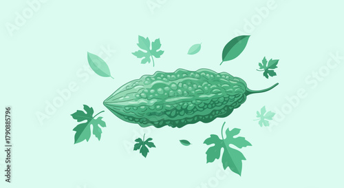 Bitter Melon Illustration Against a Light Green Background with Leafy Embellishments