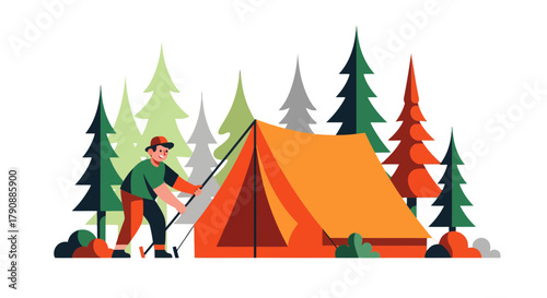 Camping Adventure: Person Setting Up Tent Amidst Forest, Outdoor Recreation, And Nature