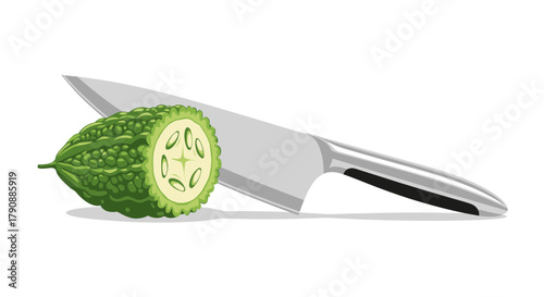 Bitter Melon Sliced Alongside a Shiny Chef's Knife Depicting Fresh Culinary Preparation