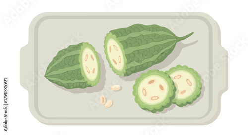 Bitter Melon Slices Displayed on Serving Tray for Culinary and Health Purposes