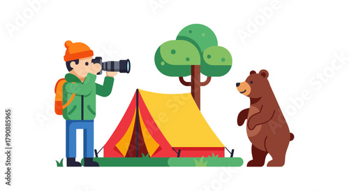 Camping Adventure: Photographer Captures Bear Near Tent in Wilderness Illustration