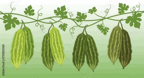 Bitter Melons Hanging From Vines In A Garden, Vector Illustration And Freshness