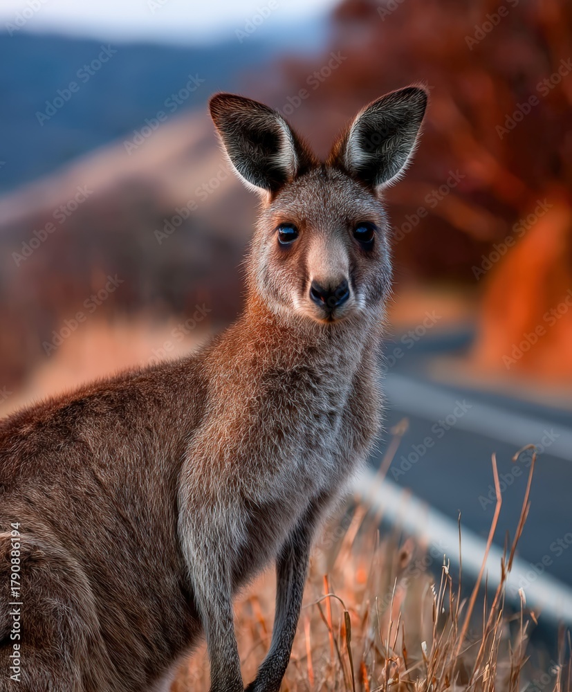 Fototapeta premium Lone kangaroo stands in golden grass during a peaceful sunset scene