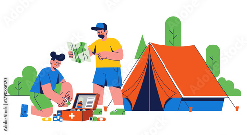 Camping Adventure: Two Adventurers Navigating the Wilderness, Planning Near a Tent
