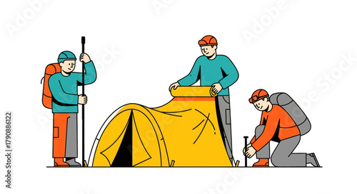 Campers Assembling Tent Preparing Outdoors Adventure Vector Illustration on Black Background