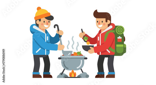 Campers Cook Delicious Meal Together Amidst Nature Under An Evening Sky