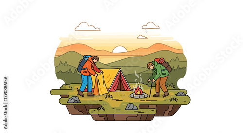 Camping Adventure: Two Adventurers Setup Camp For A Relaxing Evening Under The Sunset