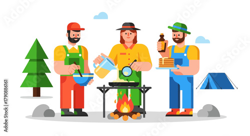 Campers Cook Over Fire, Illustrated Scene Depicting Pancake Preparation Outdoors