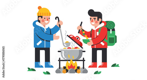 Campers Cook Dinner Together at the Campfire, Sharing Food and Friendship