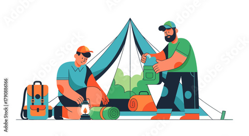 Camping Adventure: Two Adventurers Preparing Camp With A Tent in Graphic Style Illustration