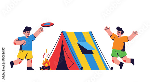 Camping Adventure: Two Young Friends Enjoying Outdoor Activities Under Starry Skies