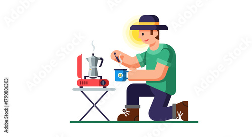 Camping And Brewing Coffee At Night: A Colorful Cartoon Illustration Style