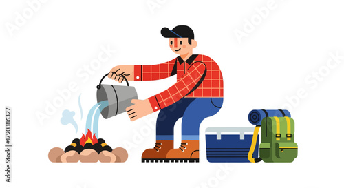 Campfire Extinguished by Camper Depicts a Moment of Outdoor Activity at the Campsite