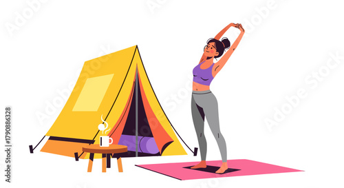 Camping And Stretching: A Scenic Illustration Of Wellness And Outdoor Adventure