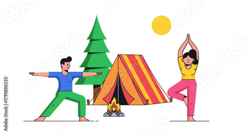 Camping And Yoga: Illustration Depicting Outdoor Relaxation And Wellness Activities