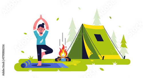 Camping And Yoga: Illustration Depicting Relaxation And Outdoor Wellness Activities
