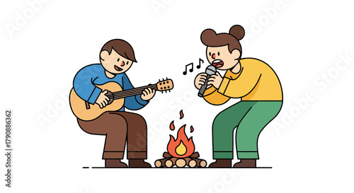 Campfire Serenade: Duo Performing Music Around Cozy Flames in Detailed Flat Vector Art