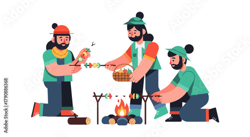 Campfire Feast: Friends Gathering and Cooking Delicious Food Outdoors to Celebrate