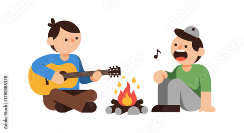 Campfire Serenade: Friends Singing and Playing Guitar Under the Night Sky