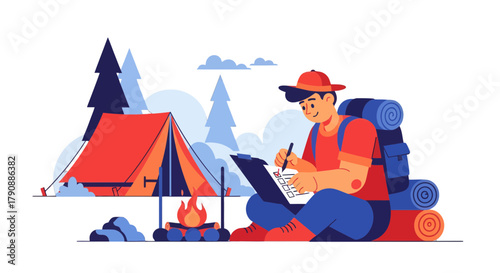 Camping Checklist: A Happy Hiker Planning His Outdoors Adventure by the Campfire