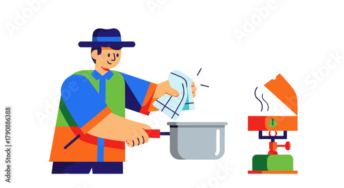 Camping Cook Preparing Food on a Portable Stove in Illustrated Style